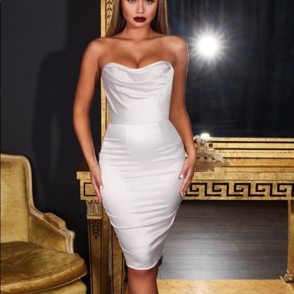 Oh Polly Luxe Bustier Strapless Satin Dress